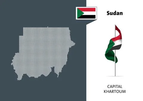 WebFlag of Sudan on white background. Dotted map of Sudan with Capital name Stock Illustration