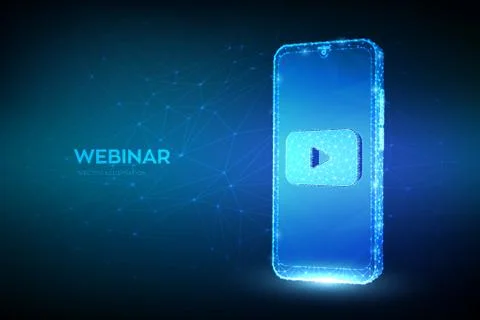 Webinar. Abstract low polygonal smartphone with webinar icon. Internet confer Stock Illustration
