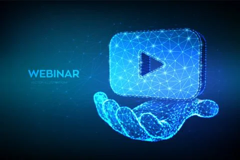 Webinar. Abstract Low Polygonal webinar or video icon in hand. Internet confe Illustrazione stock
