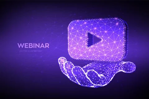 Webinar. Abstract Low Polygonal webinar or video icon in hand. Internet confe Stock Illustration