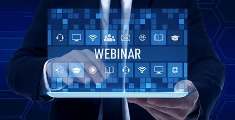 Webinar, banner design. Man using tablet on dark blue background, closeup. .. Stock Photos