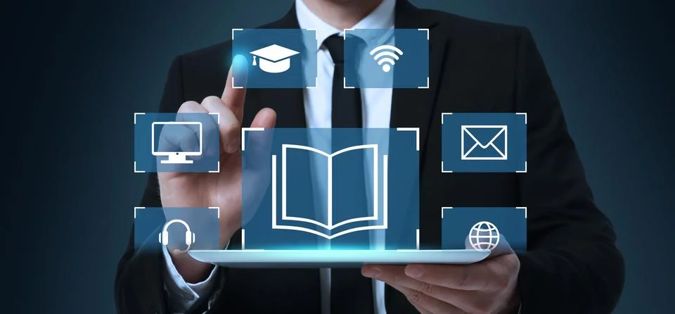 Webinar, banner design. Man using virtual screen over tablet on dark backgr.. Stock Photos