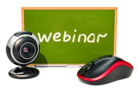 Webinar concept with blackboard, computer mouse and webcam. 3D rendering 스톡 일러스트