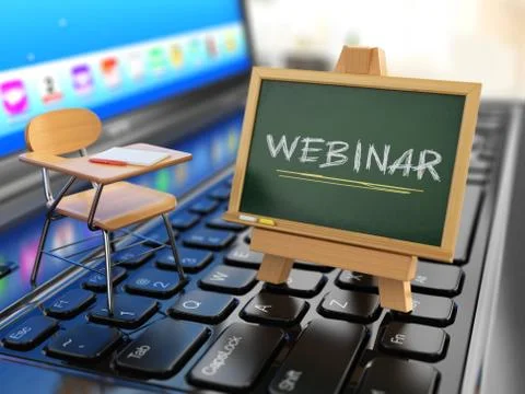Webinar concept. Desk and chalkboard on the laptop keyboard. イラスト素材