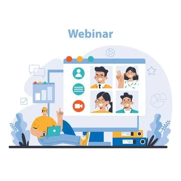 Webinar concept. Engaged online audience and interactive digital learning Illustrazione stock