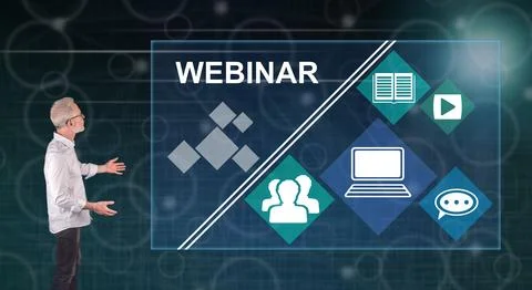 A webinar concept explained by a businessman on a wall screen Stock Photos