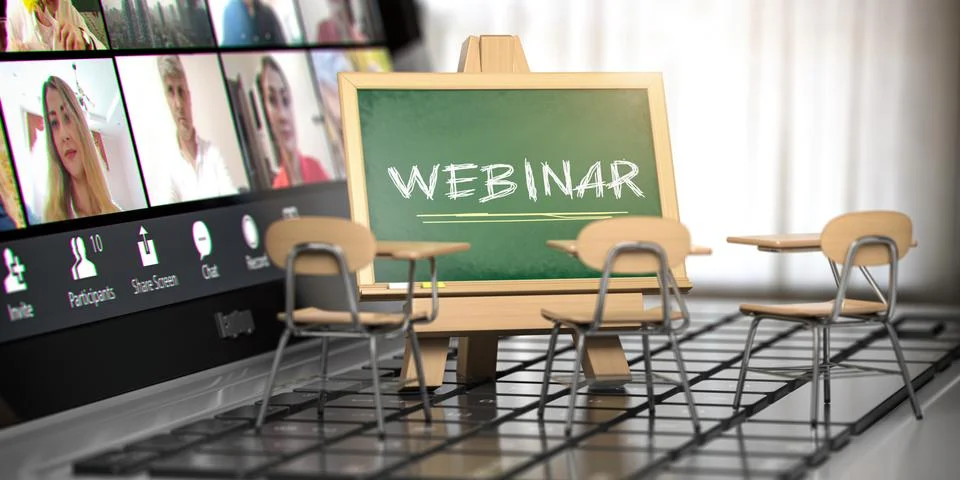 Webinar concept. Online class using video conference. Chalkboard with schoold Illustrazione stock