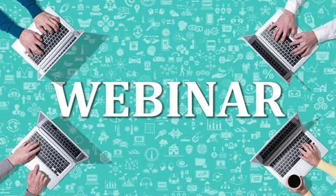 Webinar concept with top view of  hands using laptop Foto stock