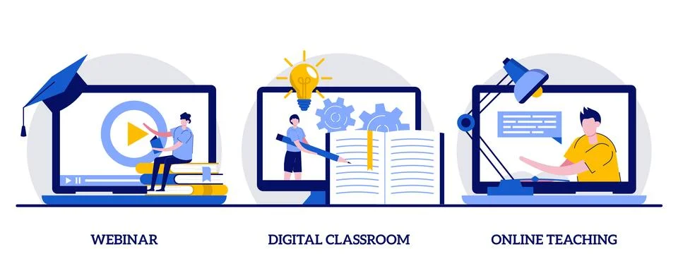 Webinar, digital classroom, online teaching concept with tiny character and.. Stock Illustration