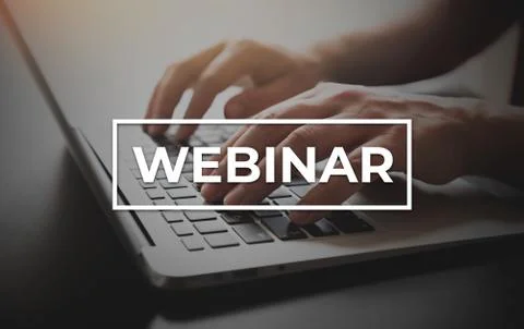 Webinar, e-learning concept, hands on laptop 스톡 사진