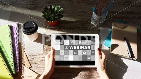Webinar, E-learning, online education concept on screen. Stock Photos