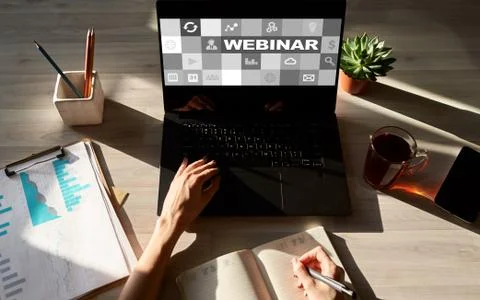 Webinar, E-learning, online education concept on screen. Stock Photos