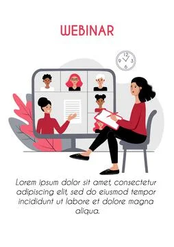 Webinar e learning vertical poster brochure flyer concept. Young woman listening Stock Illustration
