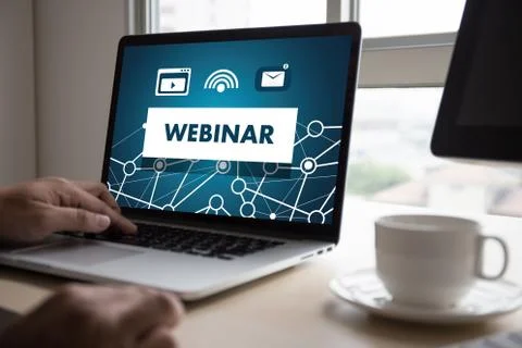 WEBINAR hand on table use E-business Browsing Connection in computer, coffee, 스톡 사진