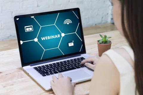 WEBINAR hand on table use E-business Browsing Connection in computer, coffee, Stock Photos