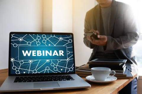 WEBINAR hand on table use E-business Browsing Connection in computer, coffee, Stock Photos