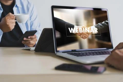 WEBINAR hand on table use E-business Browsing Connection in computer, coffee, Stock Photos