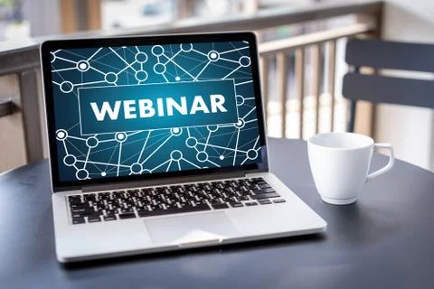 WEBINAR hand on table use E-business Browsing Connection in computer, coffee Stock Photos