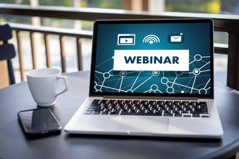 WEBINAR hand on table use E-business Browsing Connection in computer, coffee Stock Photos