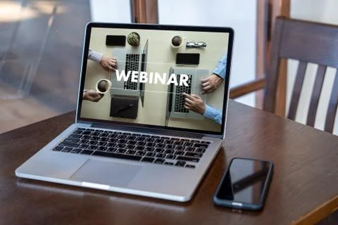 WEBINAR hand on table use E-business Browsing Connection in computer, coffee Stock Photos