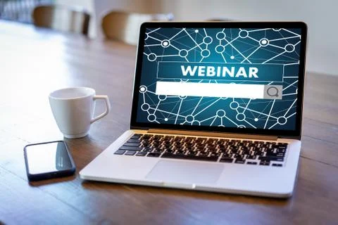 WEBINAR hand on table use E-business Browsing Connection in computer, coffee Stock Photos