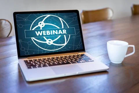 WEBINAR hand on table use E-business Browsing Connection in computer, coffee Stock Photos