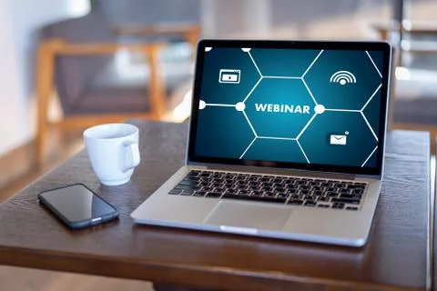 WEBINAR hand on table use E-business Browsing Connection in computer, coffee Stock Photos