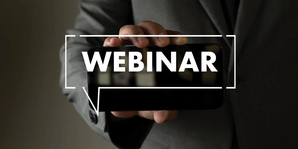 WEBINAR hand on table use E-business Browsing Connection in computer, coffee  Stock Photos