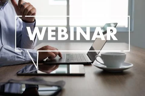 WEBINAR hand on table use E-business Browsing Connection in computer, coffee  Stock Photos