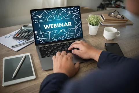 Webinar, Hands-on Table Use E-business Connection on Computer, Man Working .. Stock Photos