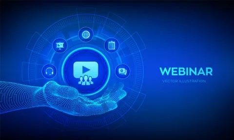 Webinar icon in robotic hand. Internet conference. Web based seminar. Distanc 스톡 일러스트