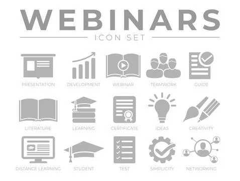 Webinar Icon Set. Presentation, Development, Webinars, Networking, Teamwork,  Stock Illustration