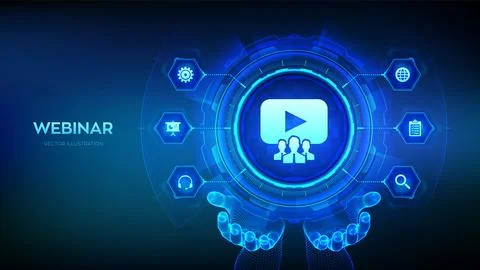 Webinar icon in wireframe hands. Internet conference. Web based seminar. Di.. Ilustración de archivo