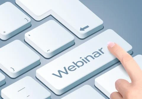 Webinar keyboard key. Finger push the button. Illustrazione stock