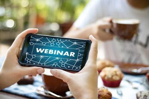 WEBINAR man hand on table Business, coffee, Split tone Stock Photos