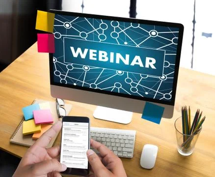 WEBINAR man hand on table Business, coffee, Split tone Stock Photos