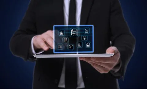 Webinar. Man holding tablet on dark blue background, closeup. Virtual scree.. Foto stock