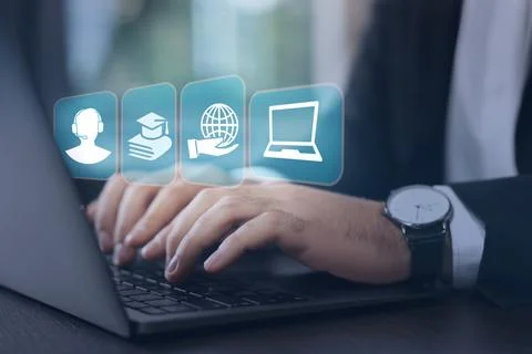 Webinar. Man using laptop at table, closeup. Virtual screen with icons over.. Stock Photos