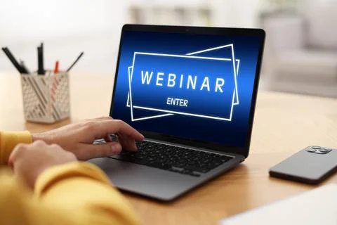 Webinar. Man using laptop at table, closeup 스톡 사진