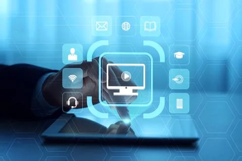 Webinar. Man using tablet at table, closeup. Virtual screen with icons over.. Stock Photos