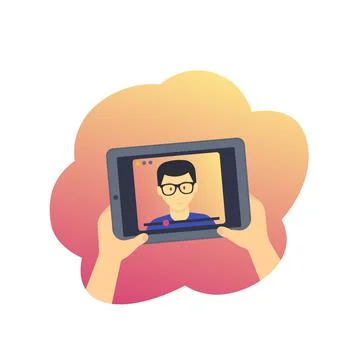 Webinar, online education, e-learning, tablet with video lecture vector illus Stock Illustration