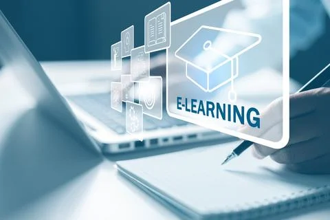 Webinar online, education on internet. E-learning education, internet lesso.. Stock Photos