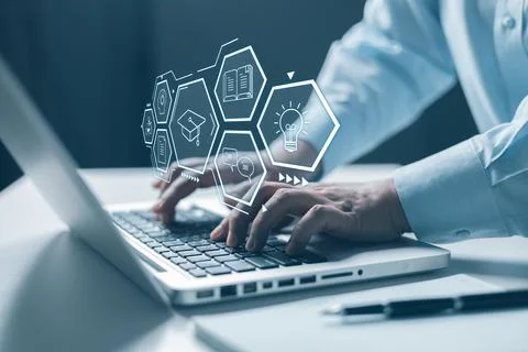 Webinar online, education on internet. E-learning education, internet lesso.. Foto stock