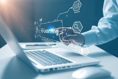 Webinar online, education on internet. E-learning education, internet lesso.. Foto stock