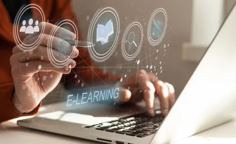 Webinar online, education on internet, e-learning concept Stock Photos