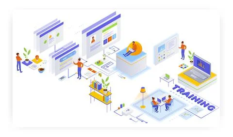 Webinar, online training, remote education, seminar, distance learning, flat Illustrazione stock