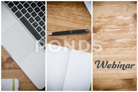Webinar, pc on wooden desk Stock Photos