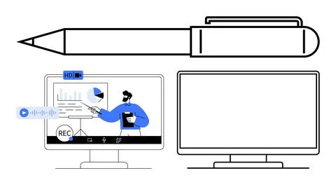Webinar Presentation on Computer Screen with Recording and Pen for Note-takin Stock Illustration