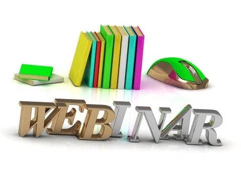 WEBINAR TEXT - bright volume letter and textbooks and computer mouse on white Stock Illustration
