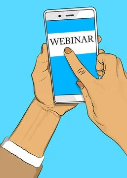 Webinar text on Smartphone screen. Cartoon vector illustrated mobile phone. Stock Illustration